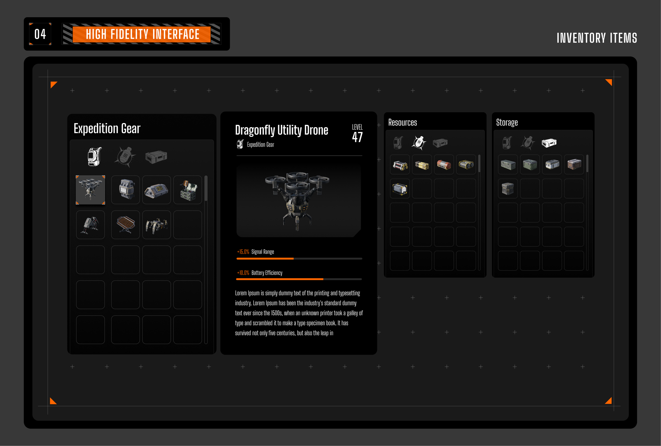 High fidelity interface — inventory items