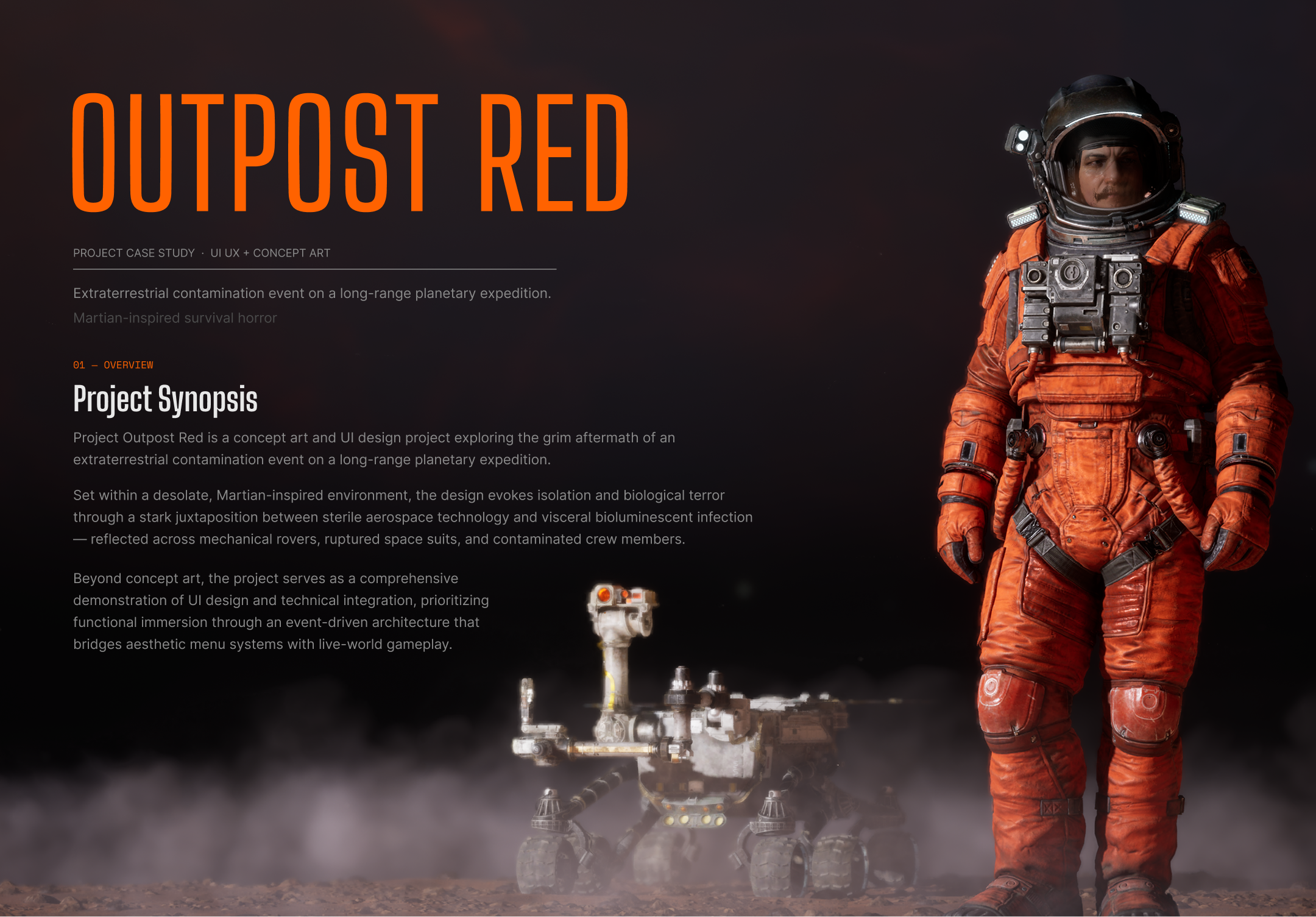 Outpost Red — project case study hero with astronaut and project synopsis