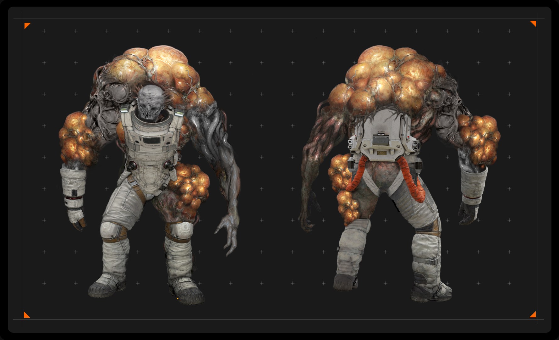 Character design — contaminated crew member showing human silhouette and biological corruption