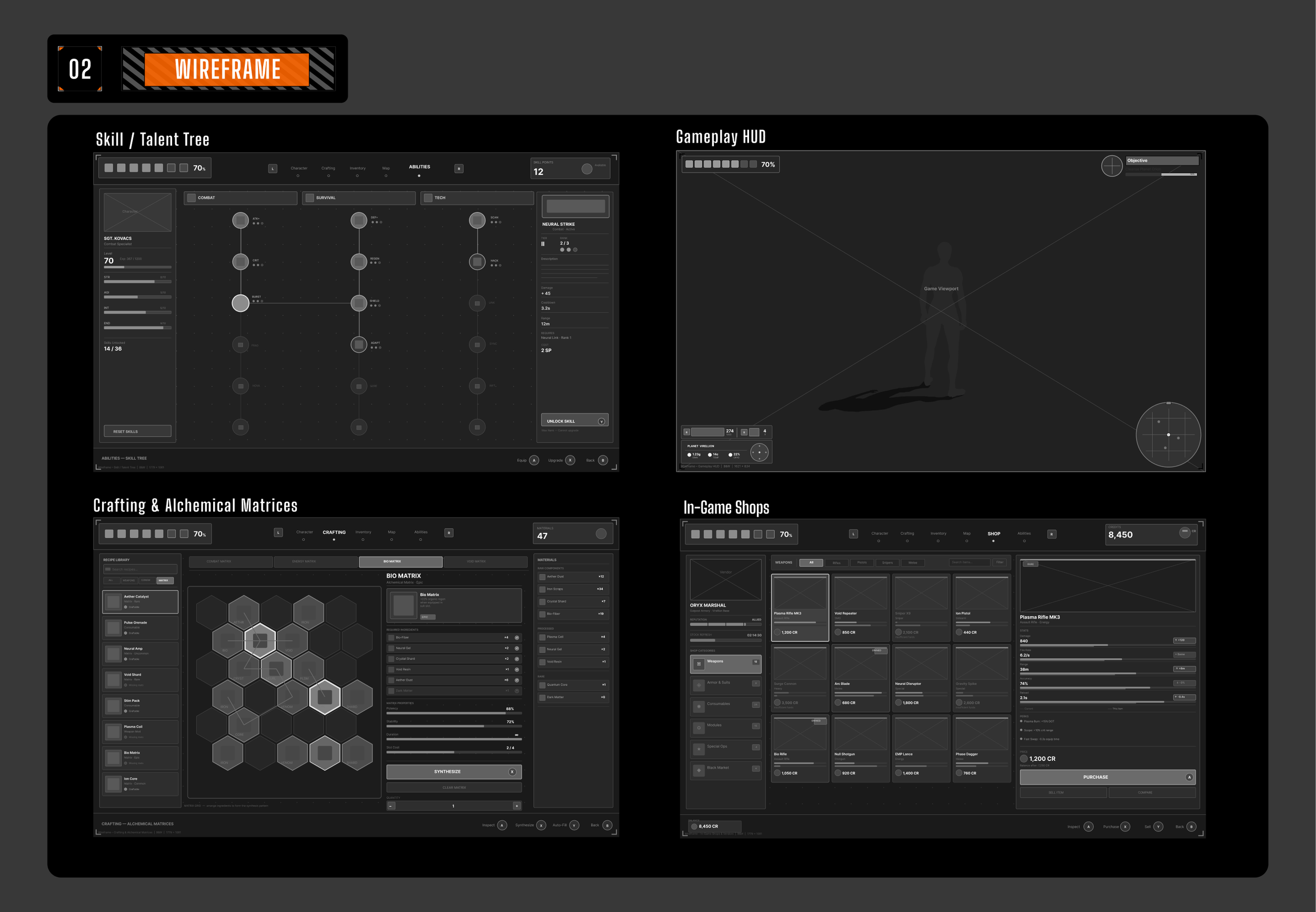 Wireframes — skill tree, gameplay HUD, crafting, in-game shops